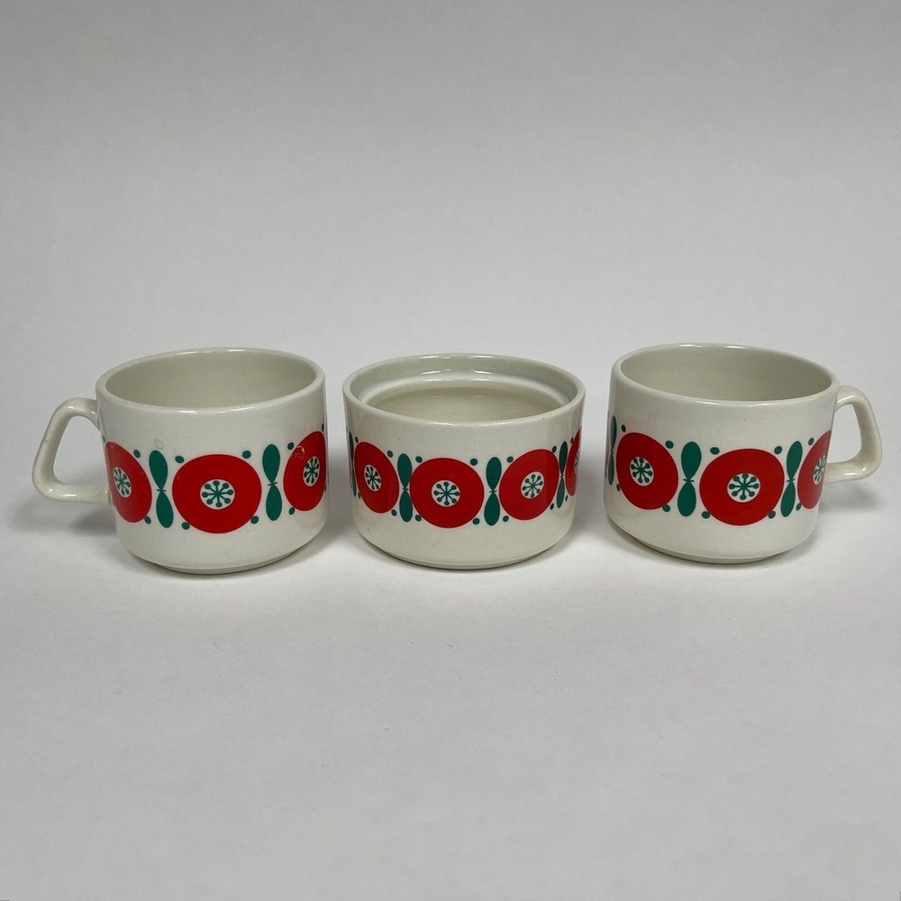 Vintage Anfora Mexico Coffee Cups Sugar Bowl without Lid White Red Lot of 3